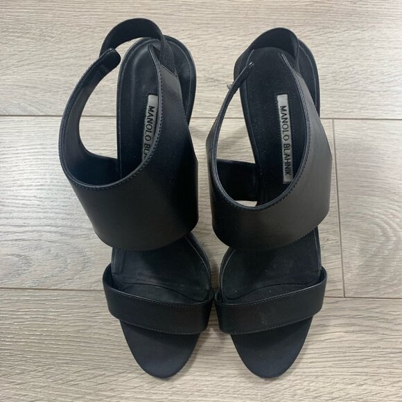 Manolo Blahnik Black Leather Slingback Sandals - Picture 5 of 14
